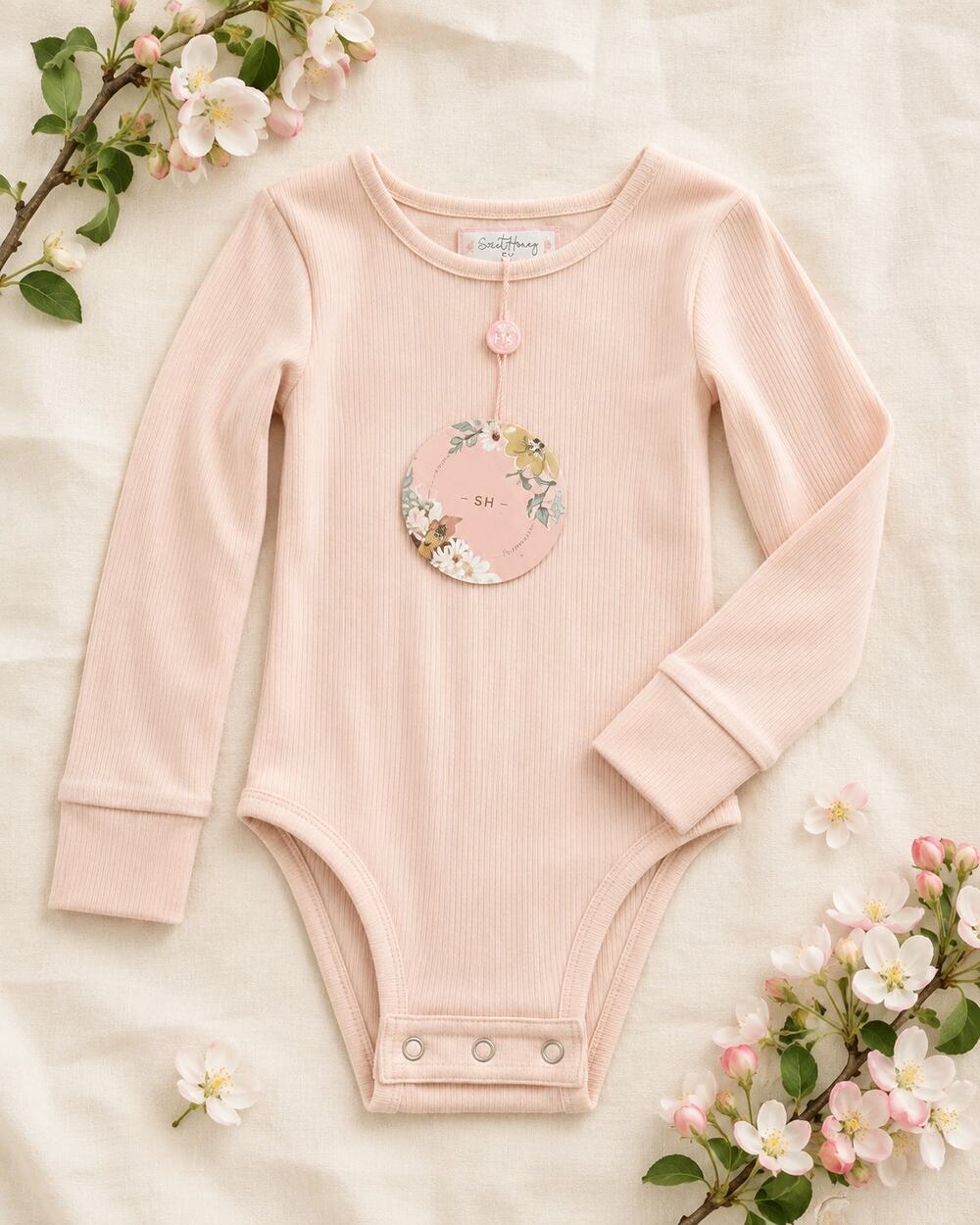 Sweet Honey 5Y Blush Pink Ribbed Long Sleeve Bodysuit NWT Cotton Stretch Girls